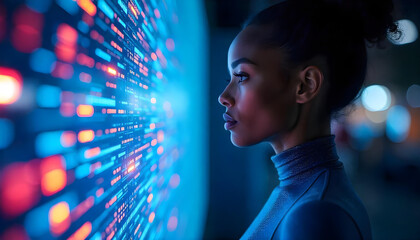Abstract futuristic woman looking at data flow in a virtual display