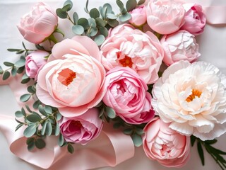Feminine wedding or birthday table composition with pink and white peonies, eucalyptus, silk ribbon, greeting card, top view, wedding, invitation