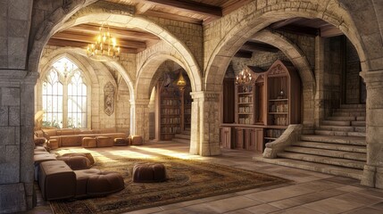 Obraz premium Modern-Medieval Fusion: Stylish Media Center with Medieval-Inspired Decor for Entertainment and Relaxation