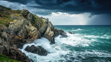 Dramatic Seascape of Waves Crashing on Rugged Rocky Shoreline Under Dark Stormy Clouds with Distant Light Breaking Through