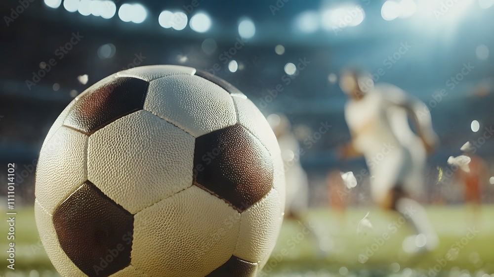 Poster Close-Up View of a Soccer Ball on the Field with Players in Motion During an Exciting Game in a Stadium Full of Lights and Energy