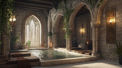 Fototapeta premium Opulent Medieval-Inspired Home Spa with Modern Amenities for Tranquil Relaxation | Ultra-Detailed Interior Design