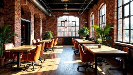 Fototapeta premium Industrial office space with exposed brick walls, leather chairs, and wooden desks, warm light streaming in from windows