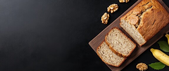 Delicious homemade banana bread with walnuts on a wooden cutting board