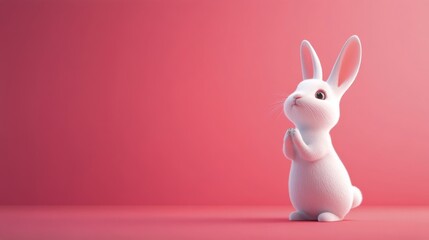 Obraz premium A small white rabbit rests on a soft pink background, showcasing its bright eyes and fluffy fur
