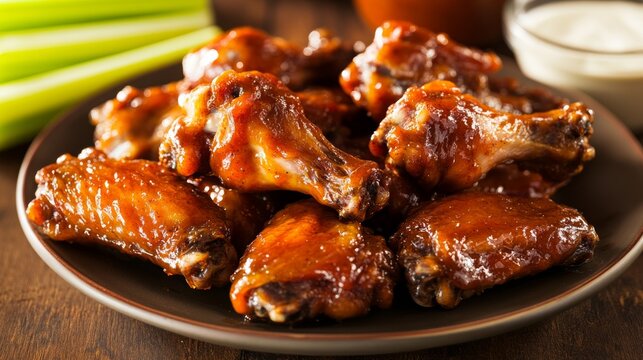Photo of, A plate of succulent barbecue chicken wings glazed with honey bourbon sauce, Chicken wings on plate