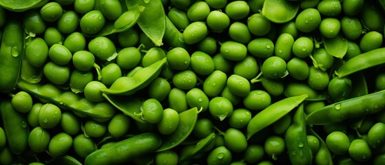 Fresh Green Peas and Pods With Dew Drops on Surface