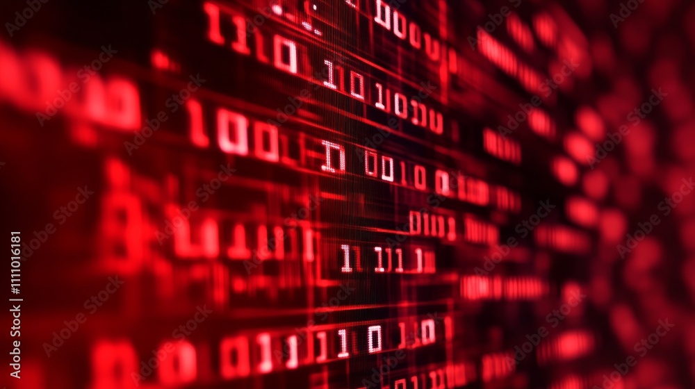 Poster a digital abstract representation of binary code in red hues, symbolizing technology and data.