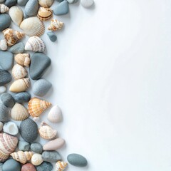 Obraz premium Colorful pebbles and seashells arranged for a coastal decor on a light background