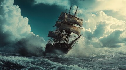 Fototapeta premium A majestic sailing ship navigating turbulent seas under dramatic clouds.