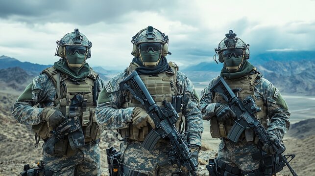 Army Special Forces Green berets, special forces uniform, full gear posing,