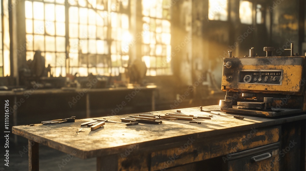 Poster sunlit abandoned factory workshop with old machinery and tools.