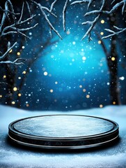 Obraz premium A serene, snowy scene featuring a circular platform surrounded by snow-covered branches and softly glowing lights in a tranquil blue atmosphere.