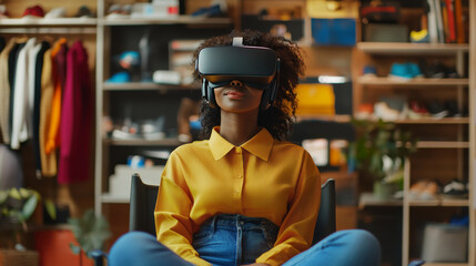Fototapeta premium Black Woman Using Virtual Reality Headset for Online Shopping, Browsing through Stylish Seasonal Sports items. Ordering from Mock-up Internet Store for e-Commerce products. Augmented Reality
