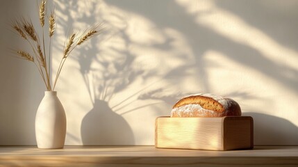 Fototapeta premium Freshly baked bread displayed elegantly with decorative natural elements in soft lighting
