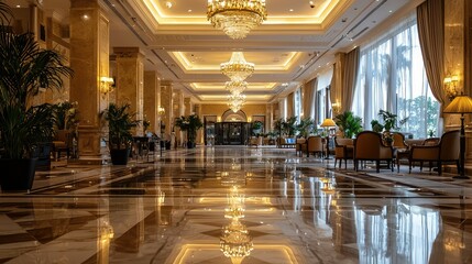 Obraz premium Elegant Hotel Lobby with Luxurious Chandeliers and Reflective Marble Floors Surrounded by Lush Greenery in a Stunning Architectural Design