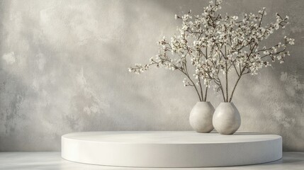 Minimalist Still Life with White Flowers in Simple Vases on Round Platform Against Neutral Textured Wall for Home Decor Inspiration and Interior Design