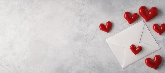 Romantic red hearts and white envelope on a textured surface for love messages