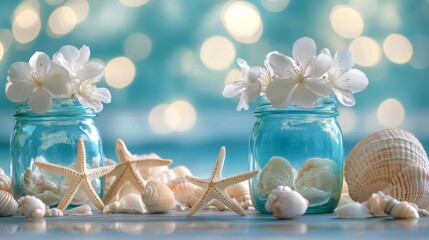 Obraz premium Fresh white flowers sit in blue glass jars surrounded by seashells and a starfish