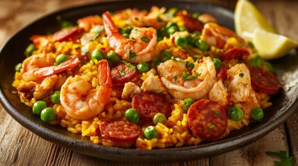 Fototapeta premium Photo of, A plate of traditional Spanish paella loaded with saffron-infused rice, shrimp