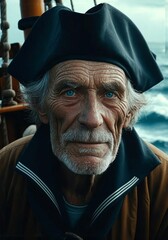 Dramatic Hyperrealistic Portrait of Aged Sailor Against Stormy Seascape