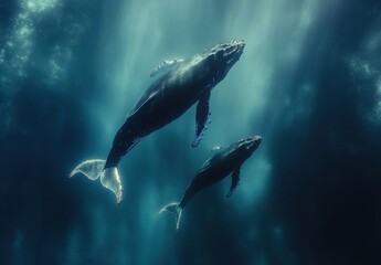 Fototapeta premium Majestic Humpback Whales Swimming Gracefully in Clear Ocean Waters, Illuminated by Sunlight Breaking Through the Surface, Capturing the Beauty of Marine Wildlife
