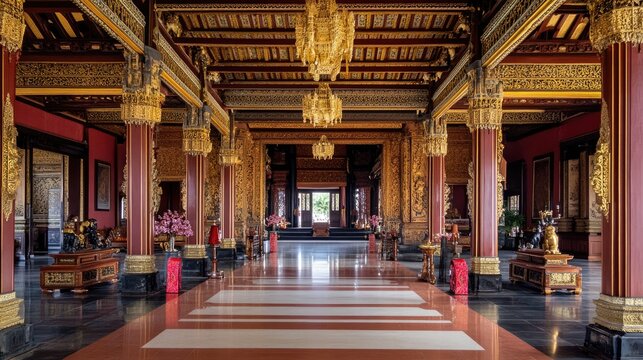 Yogyakarta, Indonesia - October 14th 2018 : Interior of the reception hall Bangsal Kencana / Golden Pavilion of the Sultan's Palace / Kraton , Yogyakarta Indonesia