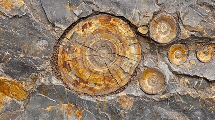 Obraz premium Stunning Close-Up of Polished Petrified Wood Showcasing Intricate Patterns and Rich Colors Against a Textured Rocky Background