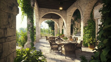 Naklejka premium Luxurious Medieval-Inspired Terrace with Al Fresco Dining Setup in Photorealistic Quality