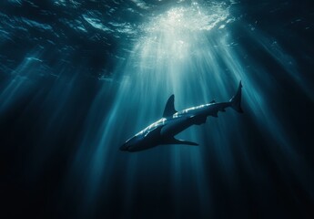 Obraz premium Majestic Shark Gliding Through Sunlit Waters, Surrounded by Rays of Light in a Vast Underwater Landscape, Capturing the Beauty of Ocean Life