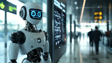 Fototapeta premium Smart hospitality industry concept, airport or hotel using robot to scan and personal data check with customer who got covid-19 vaccinate by using face recognition detection technology