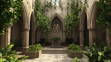 Fototapeta premium Tranquil Medieval-Inspired Outdoor Courtyard Retreat with Stone Walls, Lush Greenery, and Serene Seating for Reflection | Photorealistic Ultra-Detailed Interior Design