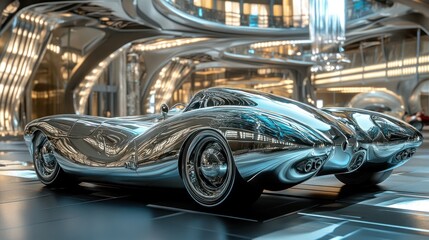 Obraz premium A sleek, futuristic car in a modern, reflective environment.
