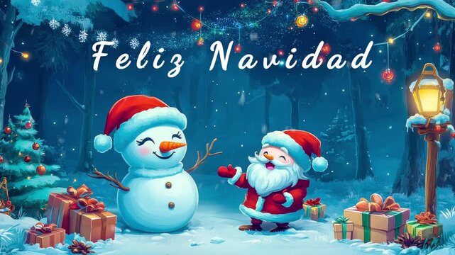 Tarjeta de Feliz Navidad de Pap&aacute; Noel y un mu&ntilde;eco de nieve, est&aacute; nevando y est&aacute; escrito en espa&ntilde;ol Feliz Navidad