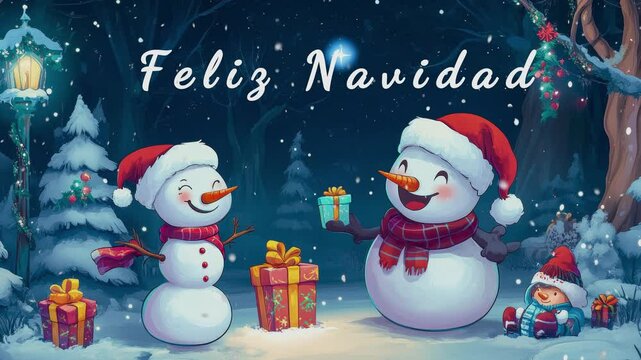 Tarjeta de felicitaci&oacute;n navide&ntilde;a en la que aparecen dos felices mu&ntilde;ecos de nieve, animaci&oacute;n de la nieve cayendo, Est&aacute; escrito en Espa&ntilde;ol Feliz Navidad
