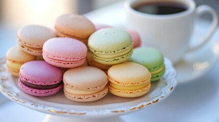 Obraz premium Photo of, A platter of assorted macarons in pastel colors, Macarons on platter