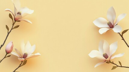 Fototapeta premium Beautiful magnolia flowers bloom on branches against a soft yellow background in springtime
