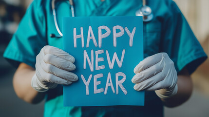 A nurse holding a blue paper and HAPPY NEW YEAR written on it. Celebrate the new year with nurses. Happy New Year for health care, wellness, and creative medical concepts. Generative AI