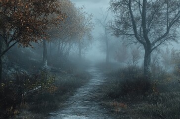 Fototapeta premium Misty Pathway Through Enchanted Forest at Dawn with Faded Autumn Foliage and Whispering Trees in a Mysterious Atmosphere of Nature's Beauty