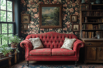 Fototapeta premium Red Sofa In A Victorian Style Room With Floral Wallpaper