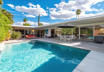 Fototapeta premium Modern Mid-Century Home Design Featuring Swimming Pool Surrounded by Lush Landscaping and Blue Sky with Fluffy Clouds in a Poolside Setting