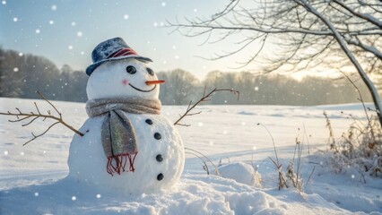 Obraz premium Cheerful snowman in a snowy winter landscape