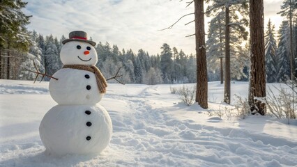 Obraz premium Cheerful snowman in a tranquil winter landscape