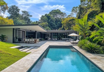 Fototapeta premium Modern Villa Surrounded by Lush Greenery with Elegant Outdoor Pool Area and Spacious Terrace Under Clear Blue Sky in Tropical Paradise Setting