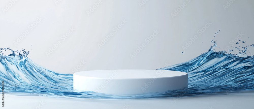 Poster circular platform surrounded by splashing water creates a serene atmosphere in a modern setting
