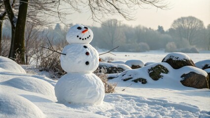Obraz premium Cheerful snowman in a winter landscape