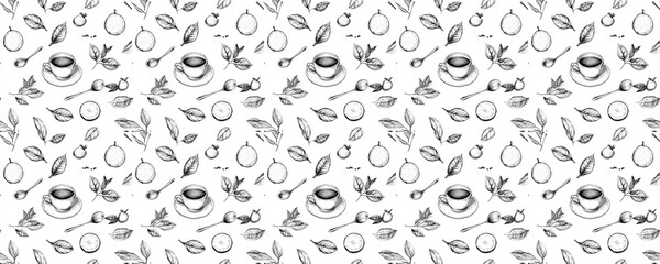 seamless pattern of Hand drawn black and white sketch teacup citrus fruits leaves pattern morning breakfast concept 