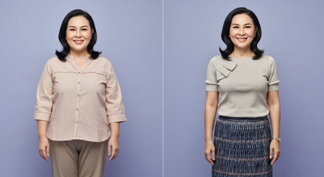 Woman's fashion transformation: before and after styling, casual and formal looks, studio portrait
