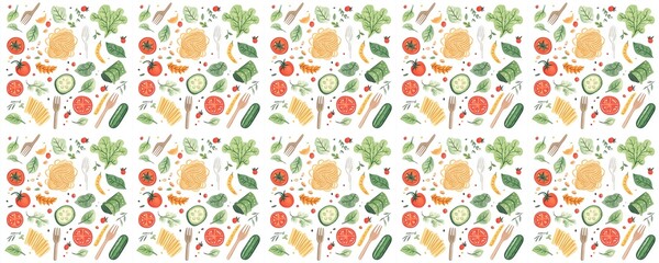 seamless pattern of Pasta salad recipe illustration red green watercolor style summer food joy 