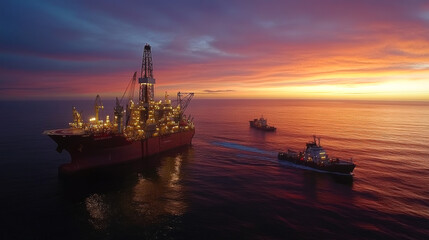 Fototapeta premium Aerial view offshore jack up rig at the offshore location during sunset with supply vessels and CPP